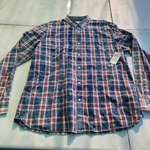 SUN + STONE MEN'S WOVEN PLAID LOND SLEEVE SHIRT RED/BLUE SIZE XLARGE NWT